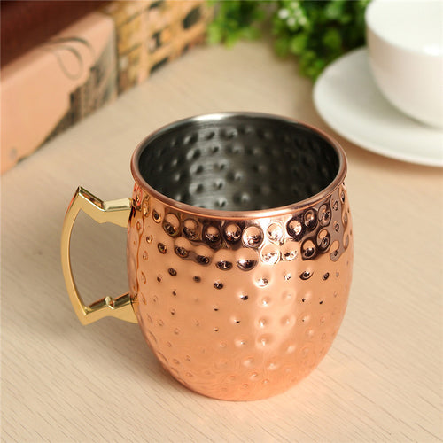 530ML Drum Style Stainless Steel Beer Wine Coffee Milk Cup Hammered Copper Plated Moscow Mule Cup Rose Gold Drinking Cup Gift